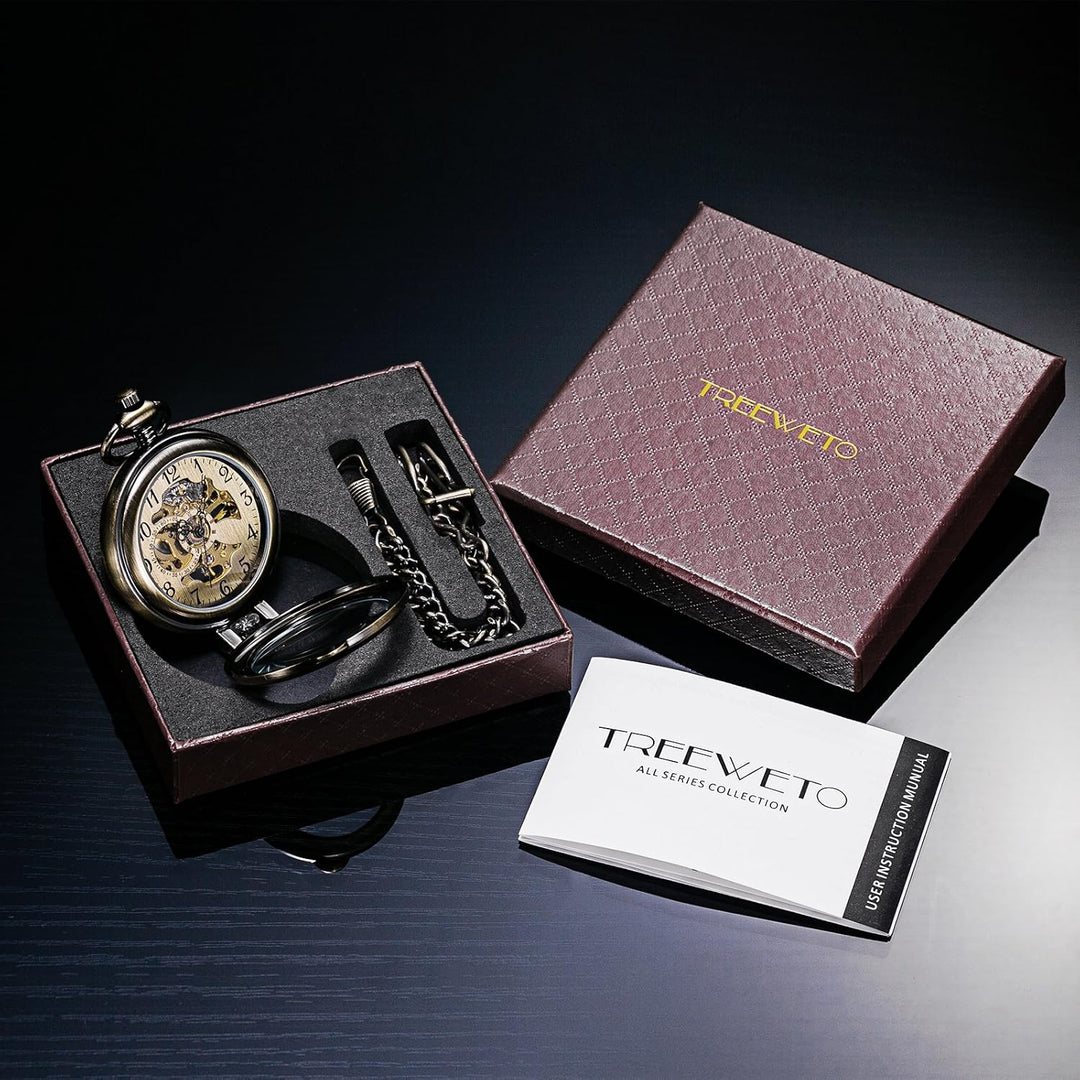 TREEWETO Unisex Taschenuhr mit Kette Analog Handaufzug Stehende Lupe Skelett Bronze