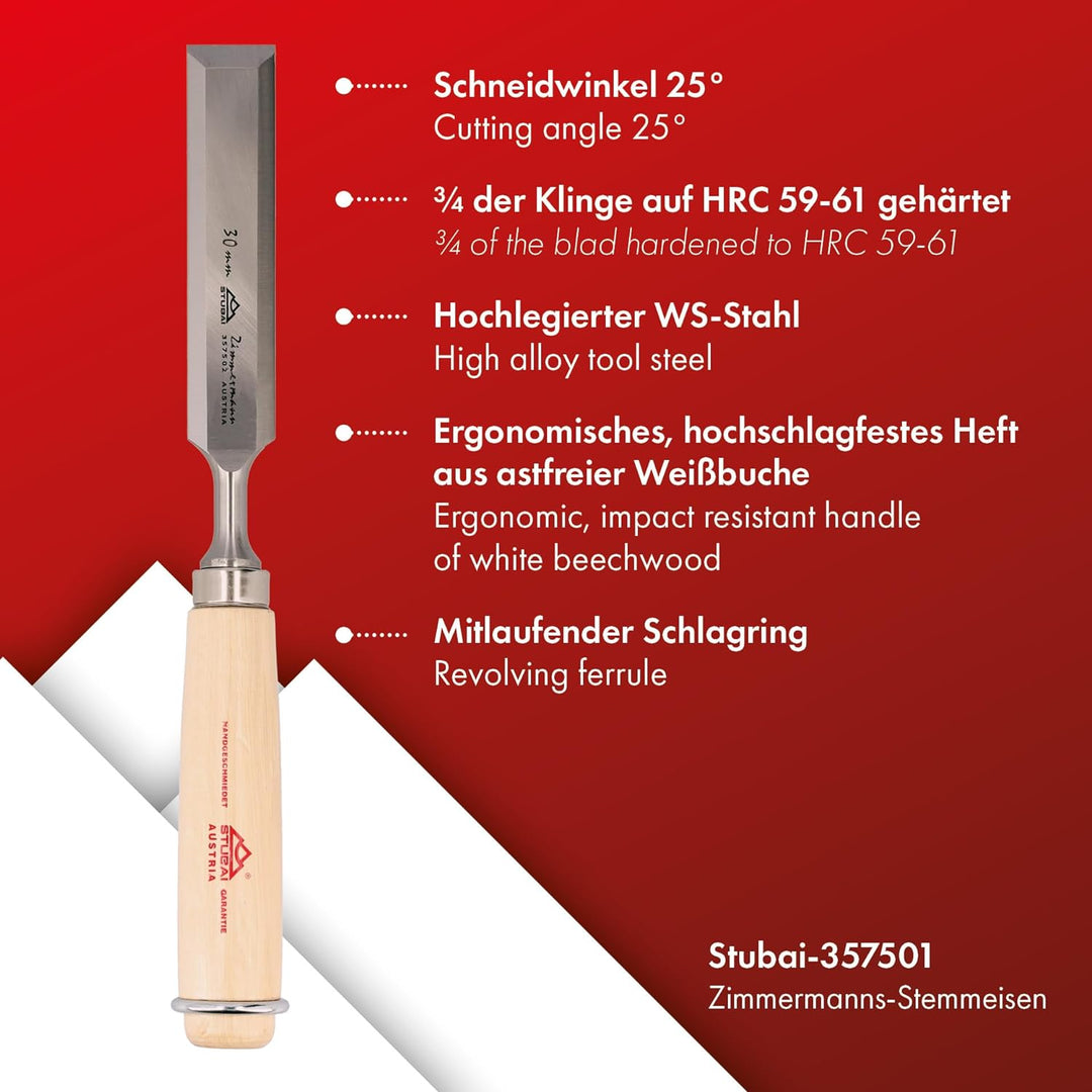 STUBAI 357501 Spezial Zimmermanns-Stemmeisen mit Holzgriff aus Weissbuche, Stechbeitel zur präzisen