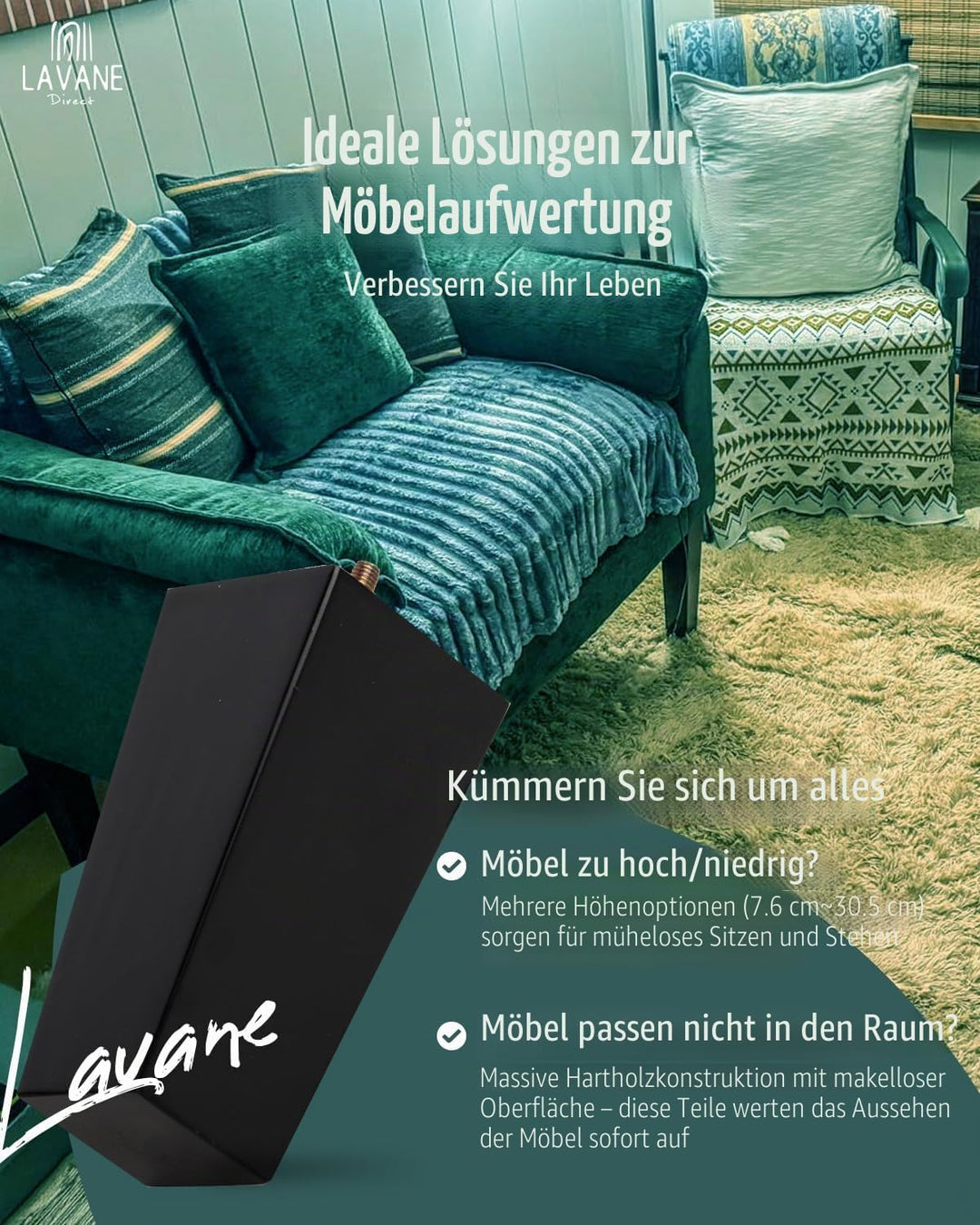 La Vane 4 Stück Möbelfüsse aus Massivholz - 15cm Höhe, Schwarz, Pyramidenform mit M8 Gewindebolzen &amp;