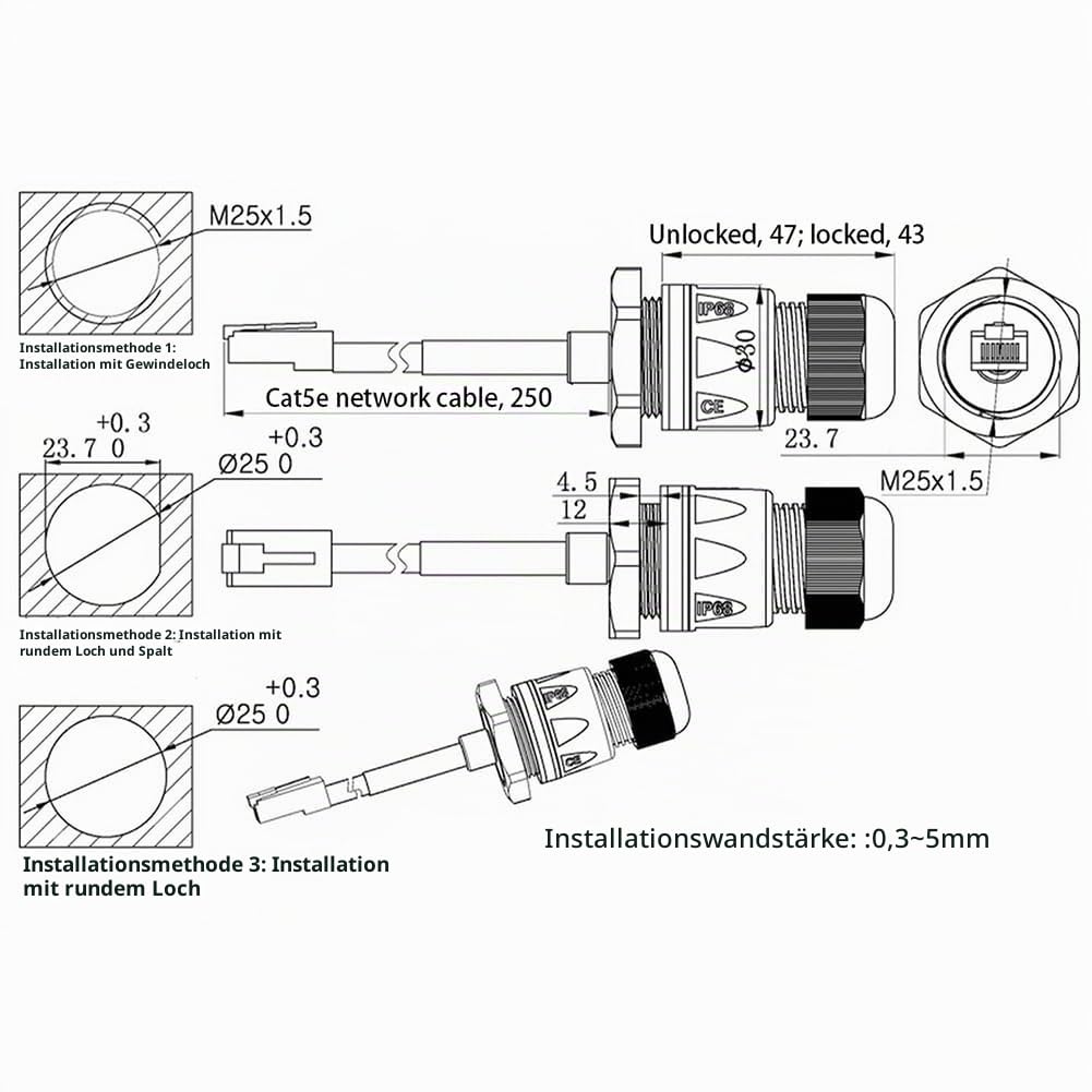 PENGLIN 2 Stück RJ45 M25 CAT5E Wasserdicht Ethernet Einbaubuchse,Ethernet LAN Kabel Stecker auf Buch