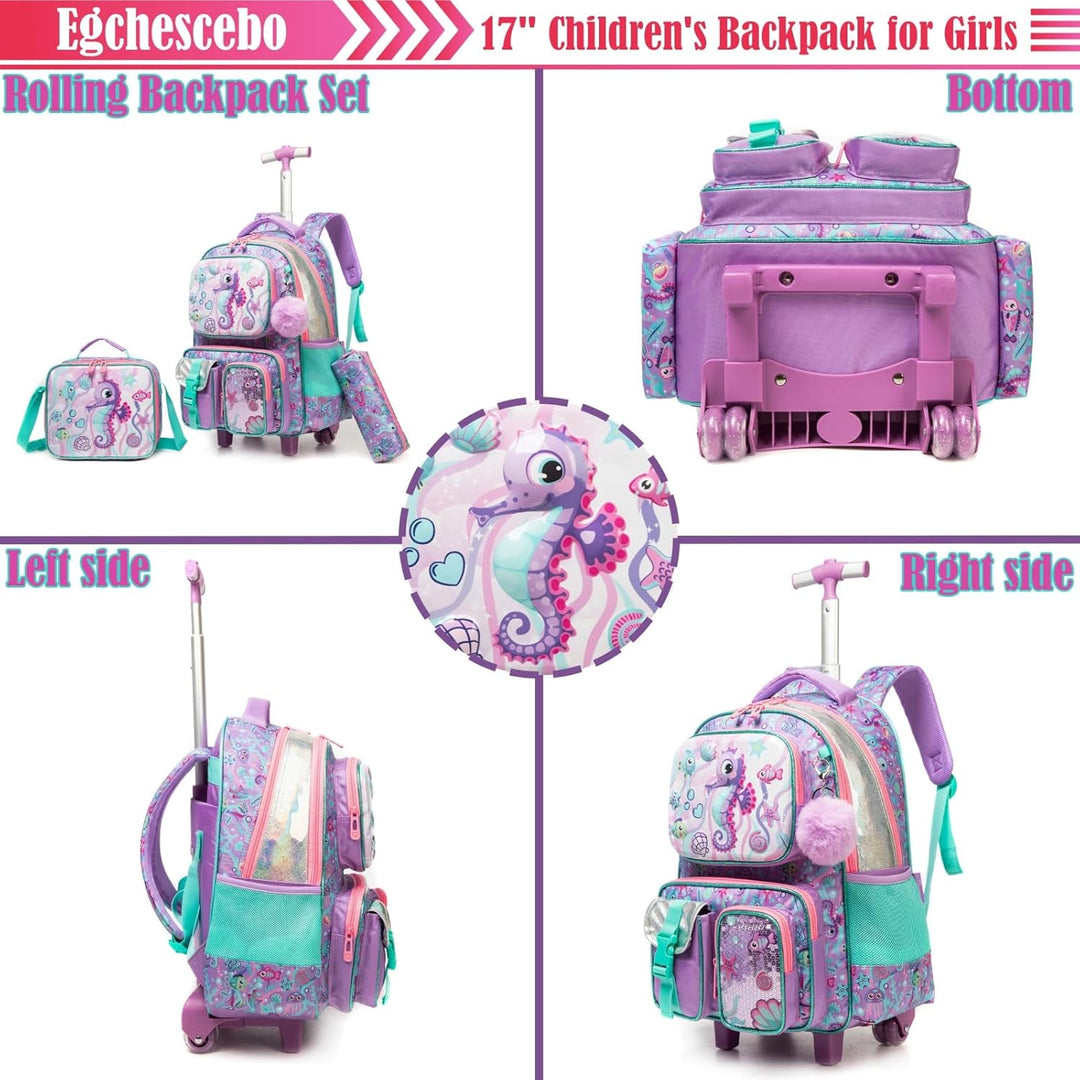 Egchescebo Kinder Rolling Rucksack für Mädchen Seepferdchen Koffer Trolley Roller Gepäck Rucksäcke a