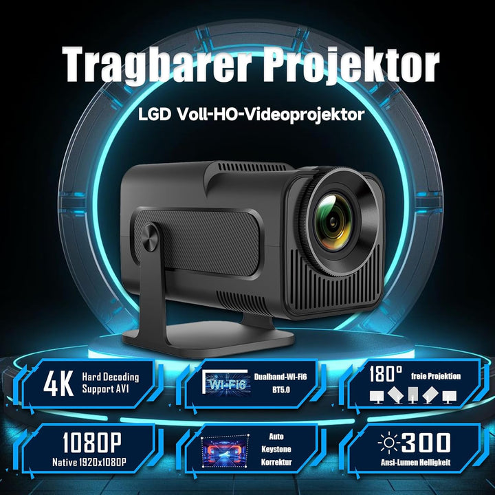 Tragbarer Videoprojektor mit WLAN & Bluetooth - 1920 x 1080P & 300 ANSI, Android 11, Automatische Tr