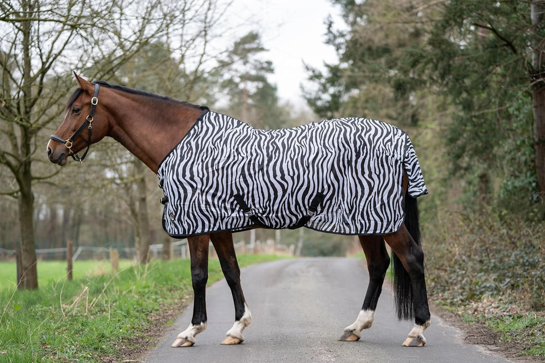 HKM 4668 Fliegendecke Zebra mit Kreuzgurt, Pferdedecke Weidedecke, 95 Weiss/Schwarz 95, Weiss/Schwar