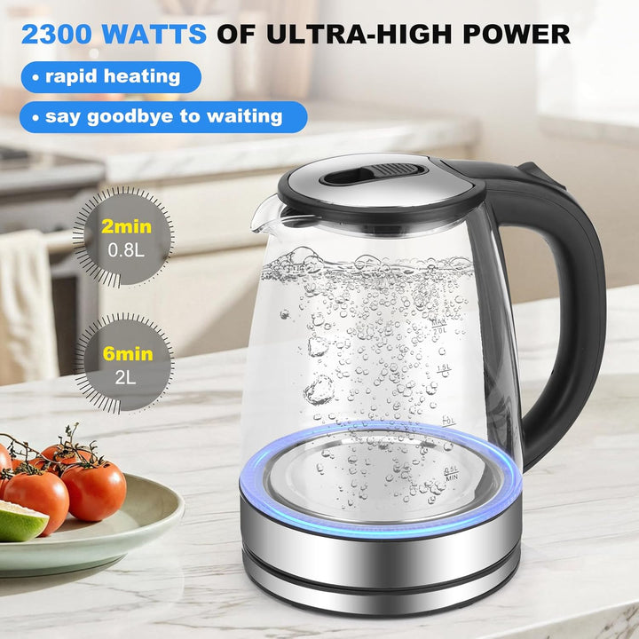 Glas Wasserkocher 2,0 liter, 2300w, BPA-frei, LED Beleuchtung, Schnelles Kochen,Wasserkocher aus Bor