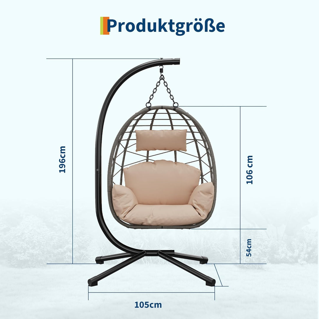 Hängesessel mit Gestell Outdoor bis 150 kg belastbar, Rattan Hängesessel mit Metallgestell, ideal al