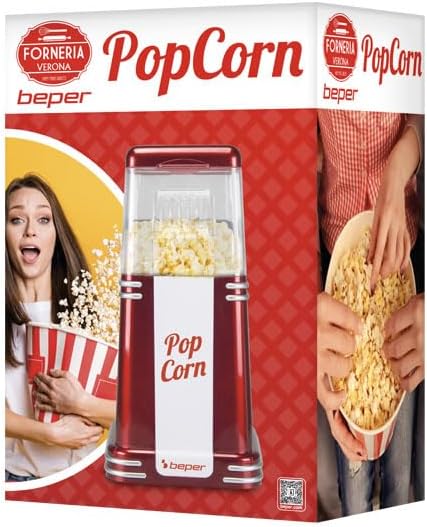 Beper - Popcorn-Maschine, 3 Minuten Popcorn, fettfrei, Heissluftzirkulation, Leistung 1200 W Rot (En