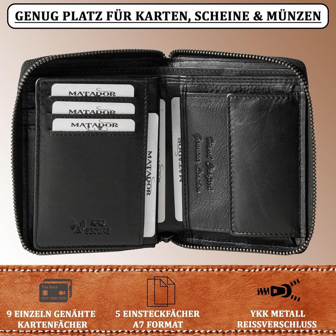 MATADOR® Leder Geldbörse Herren mit Reissverschluss Black Geldtasche TüV geprüfter RFID & NFC Schutz