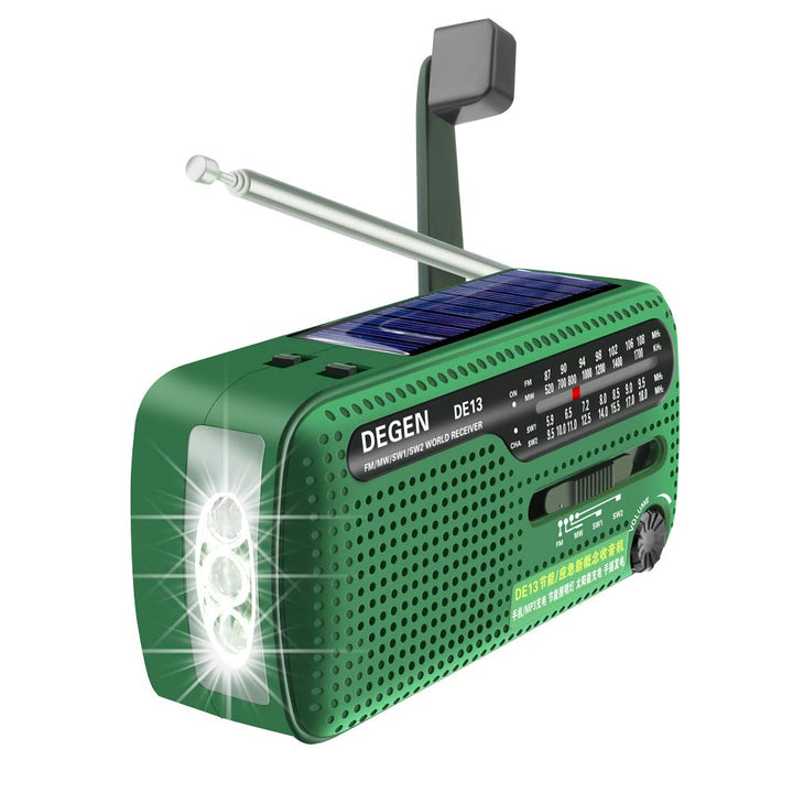 Degen DE13 Cranked Solar FM AM SW Receiver with Flashlight/SOS Alarm/Rechargeable Cell Phone for Eme