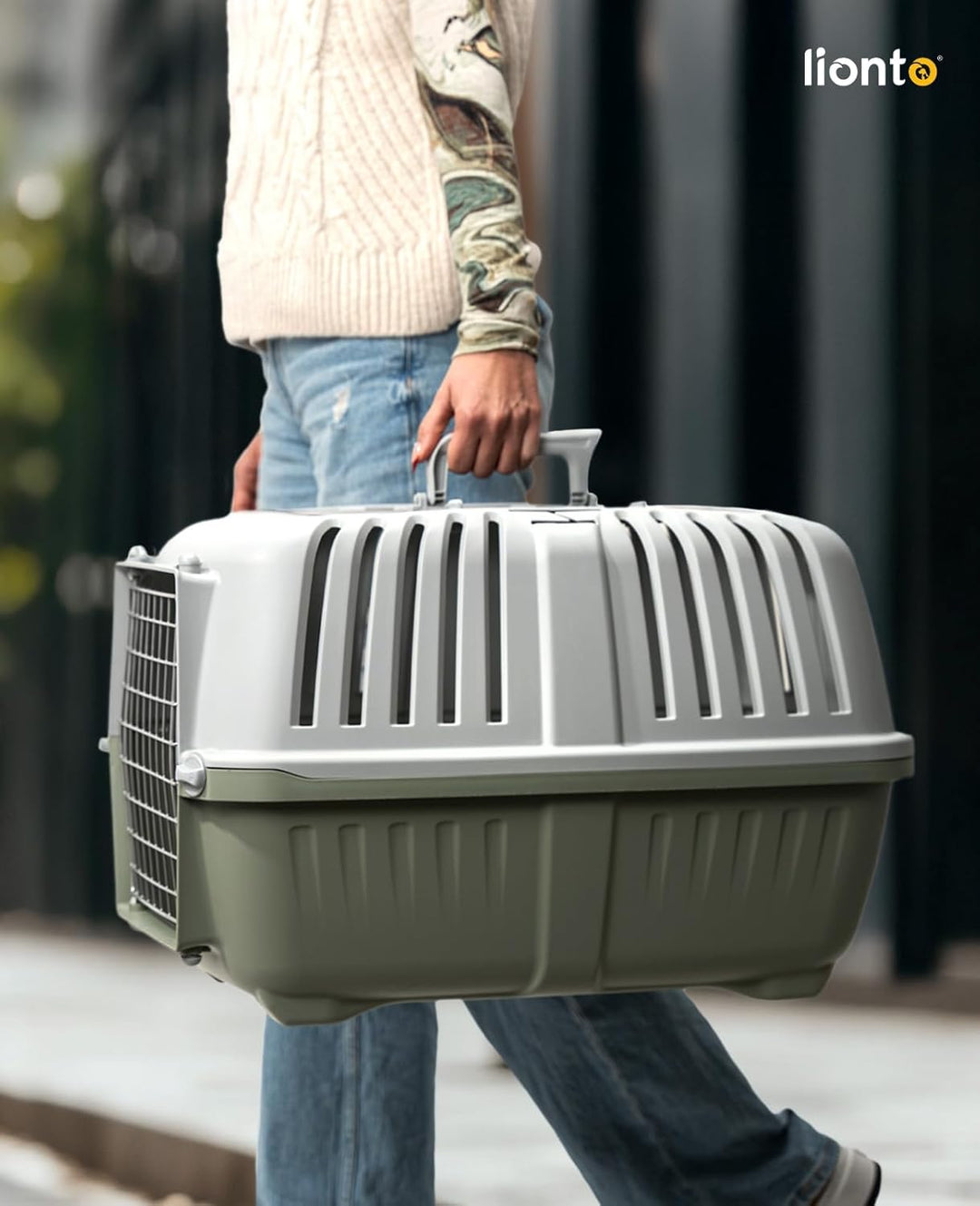 lionto Hundetransportbox aus Kunststoff mit Metallgitter, 58,5x35,5x40 cm, Transportbox mit praktisc