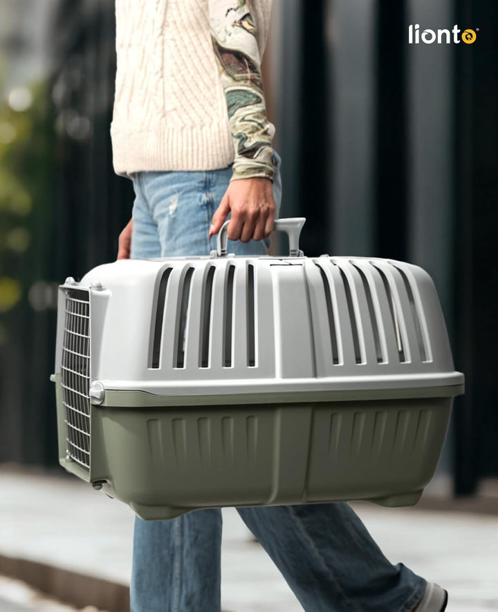 lionto Hundetransportbox aus Kunststoff mit Metallgitter, 58,5x35,5x40 cm, Transportbox mit praktisc