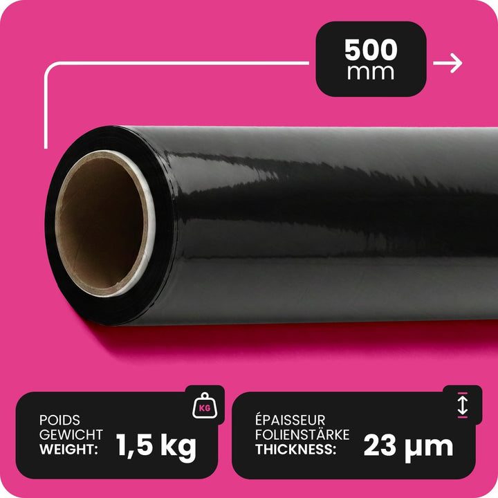 Netuno 6x schwarze Stretchfolie 23my 500 mm 1,5 kg Palettenfolie Wickelfolie PE-Handstretchfolie Cas