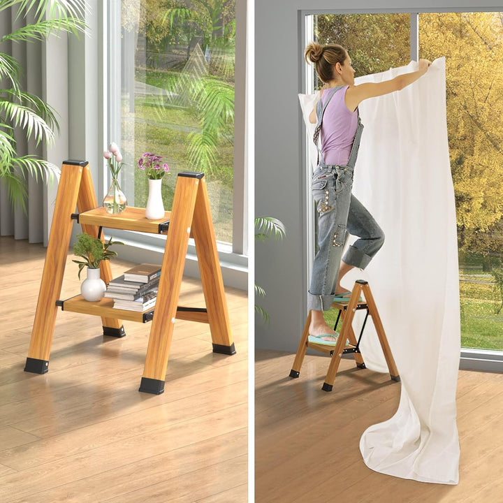 KULACO Trittleiter 2 Stufen klappbar, Aluminium Klappleiter, Tragbare Stufenleiter, rutschfeste Haus