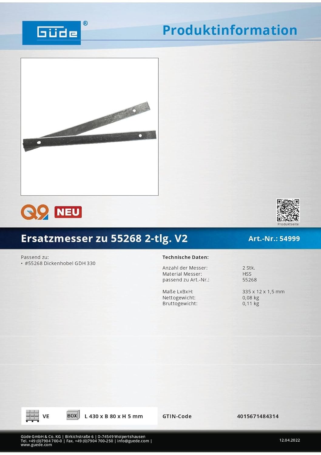 Güde Hobelmesser Ersatzmesser zu Dickenhobel GDH 330 2-tlg. V2, Austauschmesser aus HSS für Holz