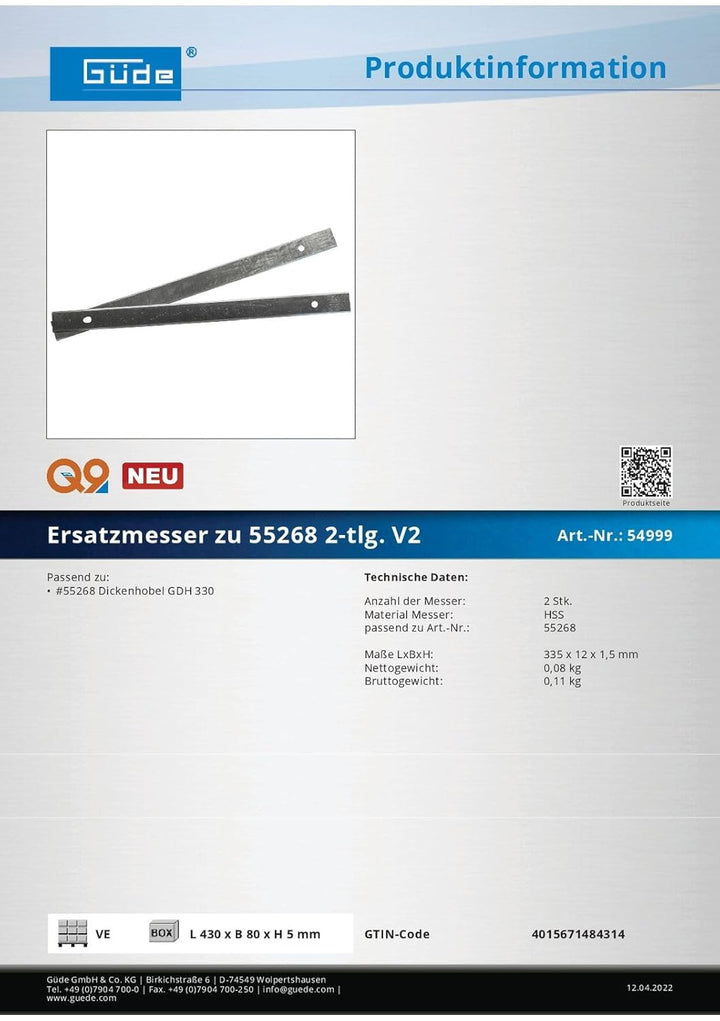 Güde Hobelmesser Ersatzmesser zu Dickenhobel GDH 330 2-tlg. V2, Austauschmesser aus HSS für Holz
