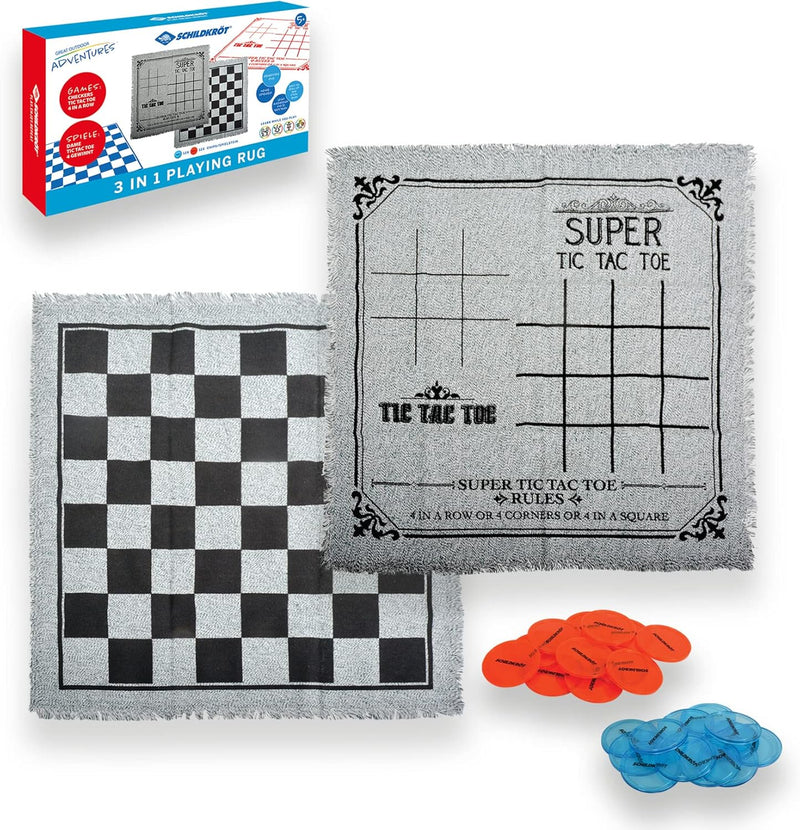 Schildkröt® Spielteppich 3 in 1 Spielfeld, XXL Dame, Tic Tac Toe und 4 Gewinnt, mit 24 Spielsteinen,