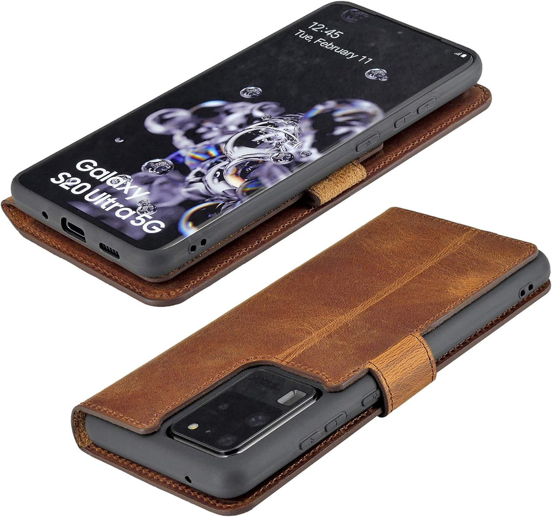 Suncase Book-Style Hülle kompatibel mit Samsung Galaxy S20 Ultra Leder Tasche (Slim-Fit) Lederhülle