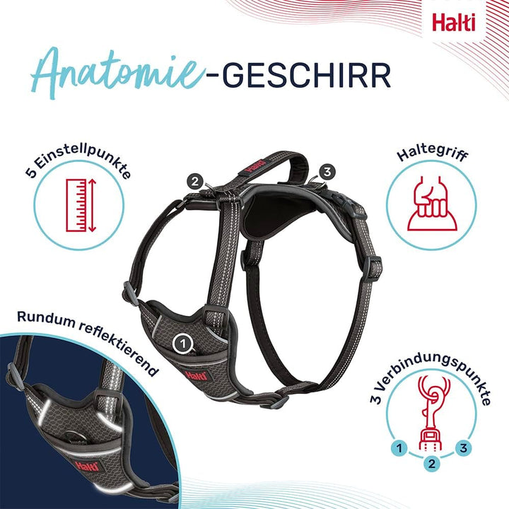 HALTI Anatomy Hundegeschirr mit Griff – Bewegungsfreiheit Hund. 3 Verbindungspunkte für die Leine, N
