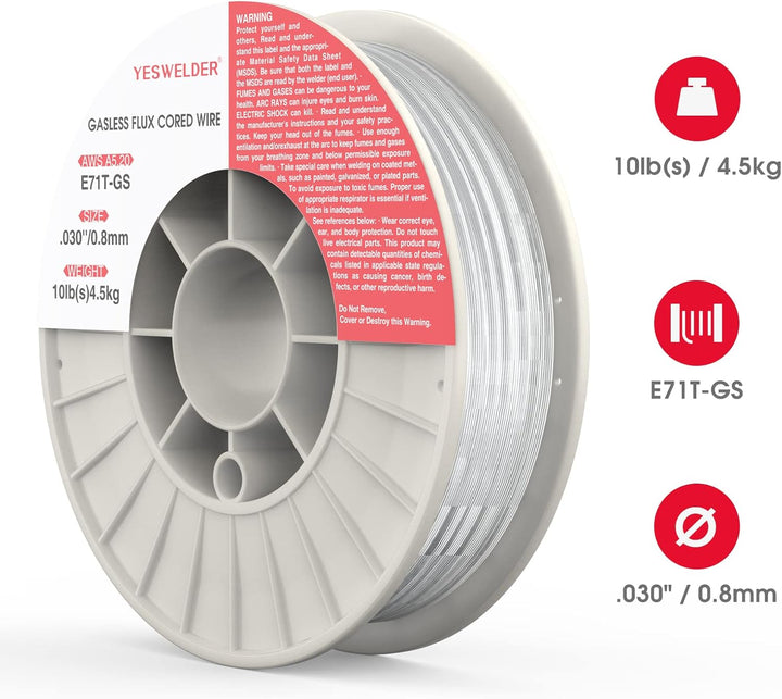 YESWELDER Fülldraht Gaslos MIG Schweissdraht, Baustahl E71T-GS 0,8mm 4,5kg Spule 0.8mm/4.5kg, 0.8mm/