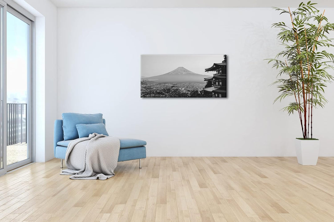 der mit Schnee bedeckte Fuji Berg aus Japan Panorama 80x40 cm Effekt: Schwarz/Weiss als Leinwandbild