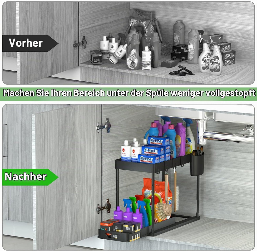 SKYSER Unter Waschbecken Regal Küche Organizer 2-stöckiger Schubladen-Organizer Anhebbares Schrank O