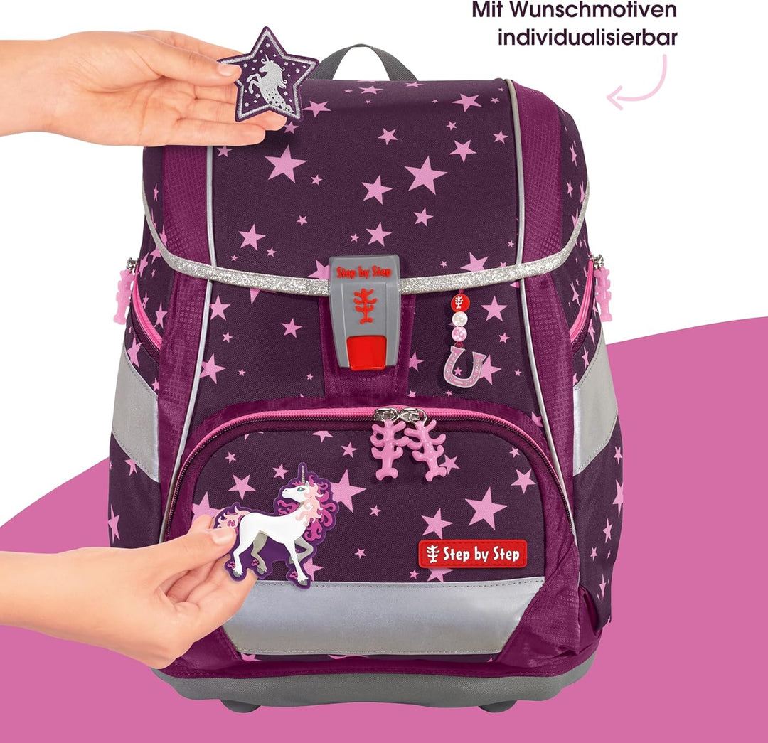 Step by Step Schulranzen-Set 2IN1 Plus „Unicorn Nuala“ 6-teilig, Beere, Einhorn-Design, ergonomische