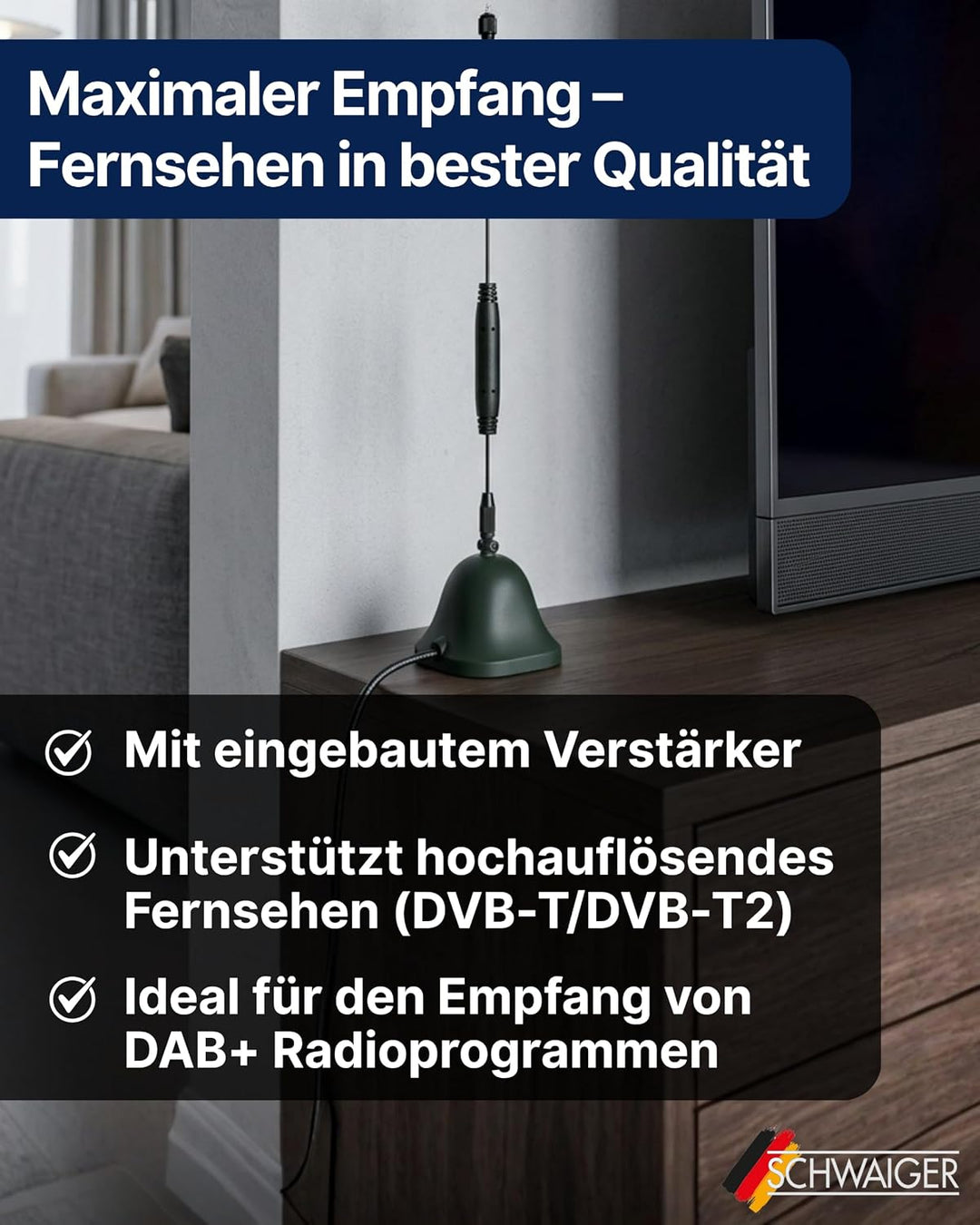 SCHWAIGER 20303 DVB-T2 Zimmerantenne passiv digital Empfänger Verstärker Antenne Indoor HD Empfang L
