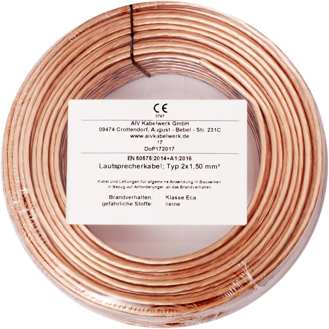 Misterhifi 30 m Lautsprecherkabel 2 x 1,5 mm², Litze: 2 x 48 x 0,2 mm, transparent isoliert, 99,99%