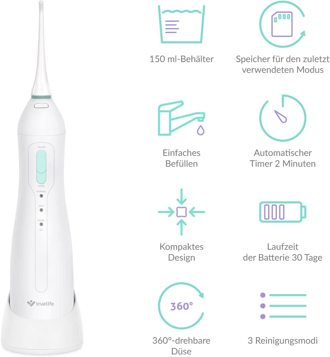 TrueLife AquaFloss Compact Munddusche Kabellos, Mundspülung Elektrisch, 150ml Wassertank, 3 Modi und