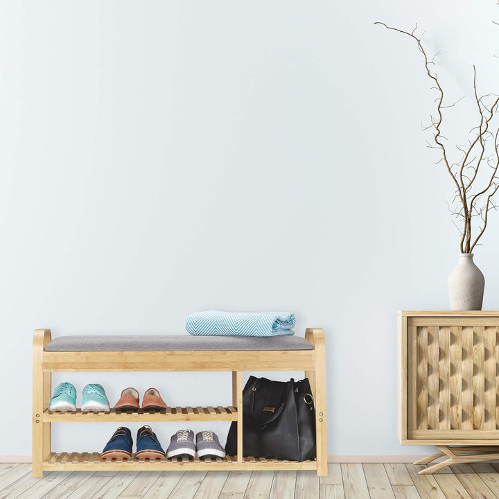 Relaxdays Schuhbank mit Sitzfläche, Stauraum, Polster, Flur, niedrig, Bambus, Sitzbank HxBxT: 50x100