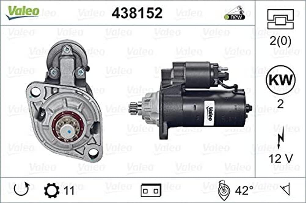 VALEO 438152 Starter Nennleistung: 2 kW Stop & Start: NO Zähnezahl: 10/11 zähne Spannung: 12 V Drehr