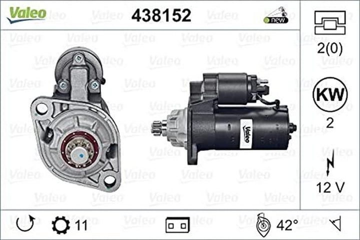 VALEO 438152 Starter Nennleistung: 2 kW Stop & Start: NO Zähnezahl: 10/11 zähne Spannung: 12 V Drehr