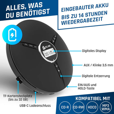 KLIM Discman mit Kopfhörer - Tragbarer CD-Player mit Kopfhörer - mit eingebautem Akku - NEU 2024 - K