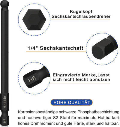 Hakkin 9 Stück 1/4" Kugelkopf Sechskant Schraubendreher Bit 100mm Sechskant Magnetischen Innensechsk