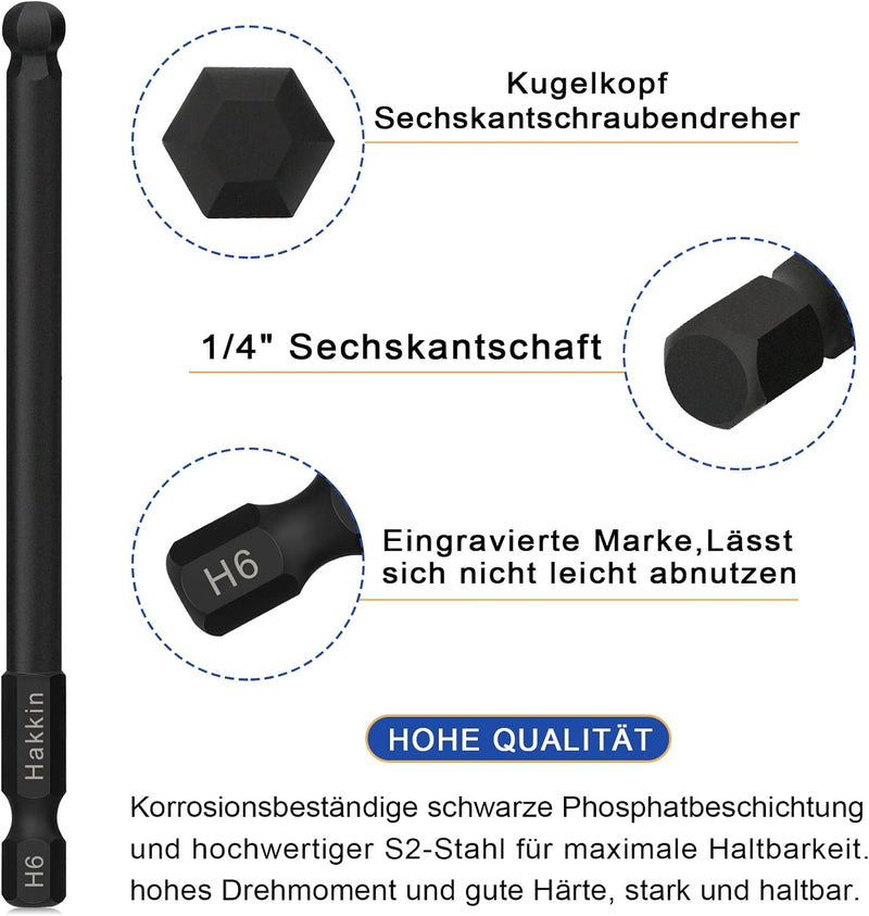 Hakkin 9 Stück 1/4" Kugelkopf Sechskant Schraubendreher Bit 100mm Sechskant Magnetischen Innensechsk