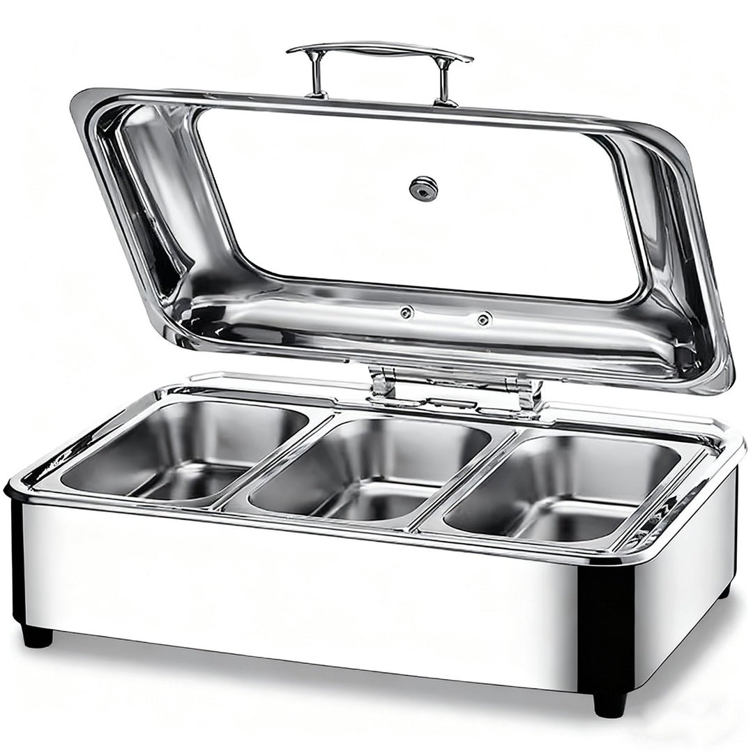 Chafing Dish Elektrisch, 9L Edelstahl Warmhaltebehälter Essen Elektrisch mit Glasdeckel, Speisewärme
