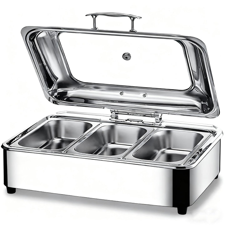 Chafing Dish Elektrisch, 9L Edelstahl Warmhaltebehälter Essen Elektrisch mit Glasdeckel, Speisewärme