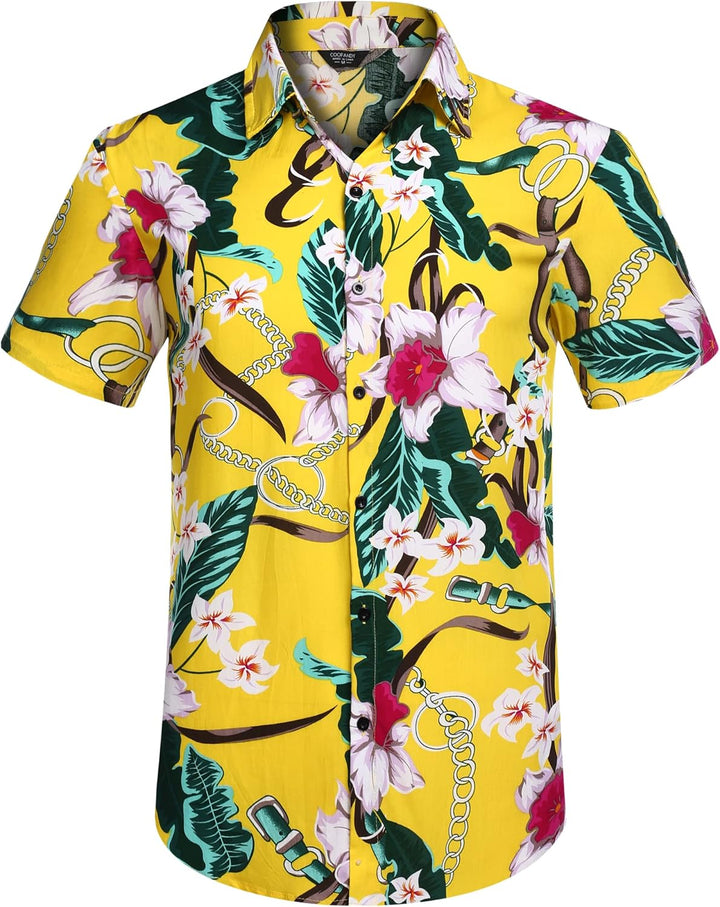 COOFANDY Herren Hemd Kurzarm Sommerhemd Floral Hawaiihemd Flamingo Party Hemden und Shorts Set Stran