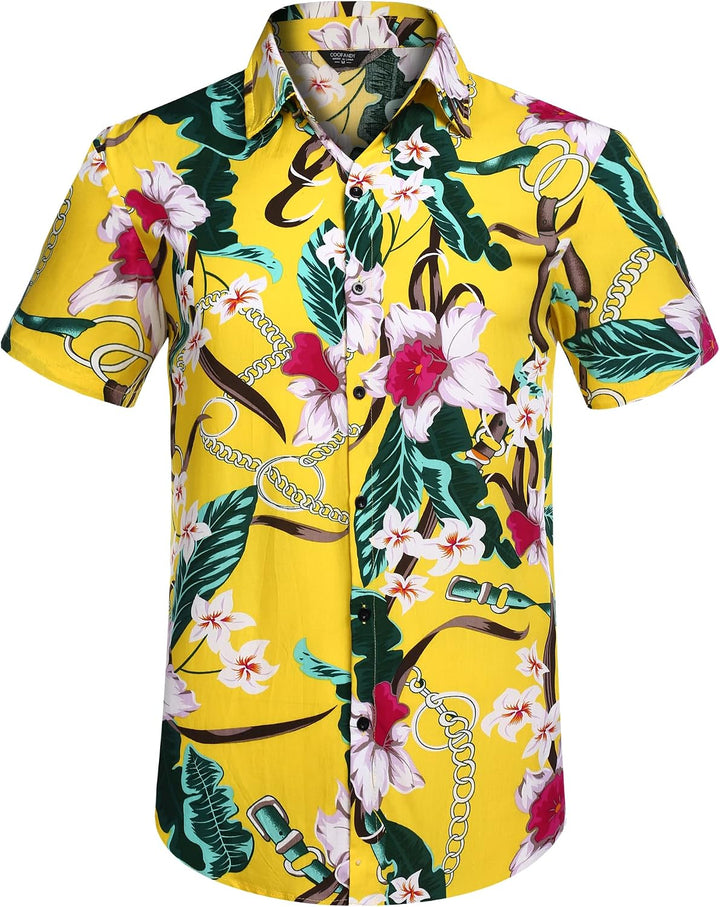 COOFANDY Herren Hemd Kurzarm Sommerhemd Floral Hawaiihemd Flamingo Party Hemden und Shorts Set Stran