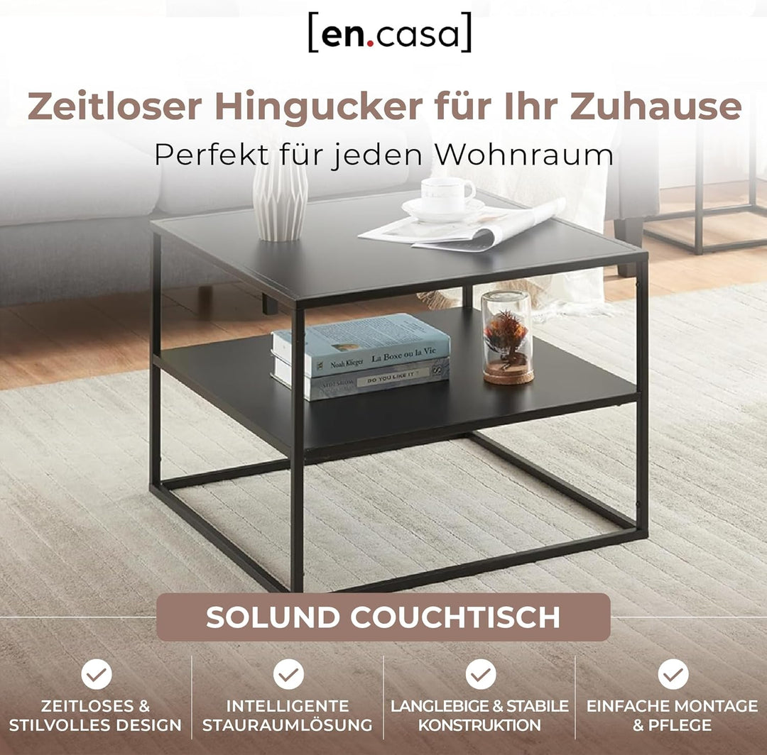 [en.casa] Couchtisch Solund Beistelltisch mit Ablage Metall Schwarz matt Wohnzimmertisch mit Staurau