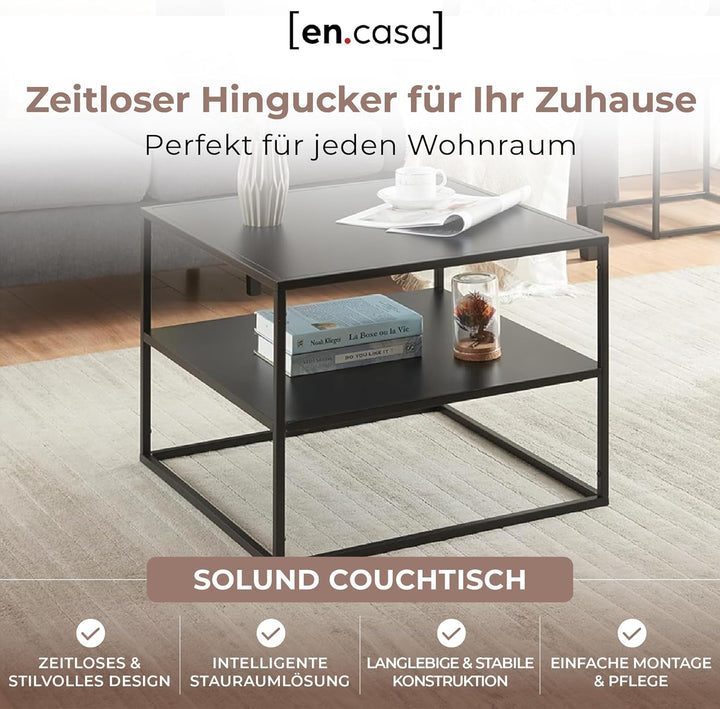 [en.casa] Couchtisch Solund Beistelltisch mit Ablage Metall Schwarz matt Wohnzimmertisch mit Staurau