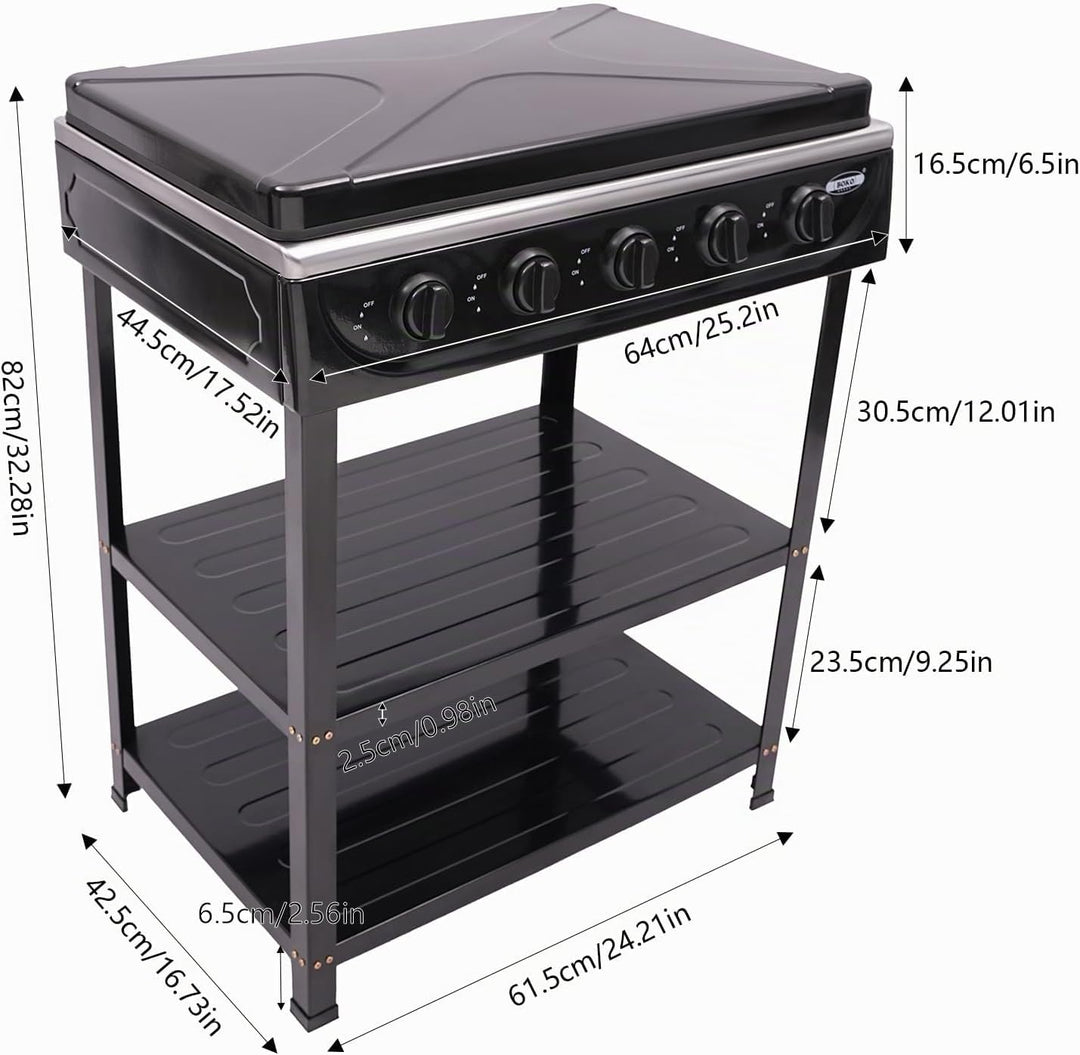 Gasherd 5 Flammen 2 5KW Propan Gaskochfeld Freistehend Outdoor Camping Kochfeld mit Ablageflächen un