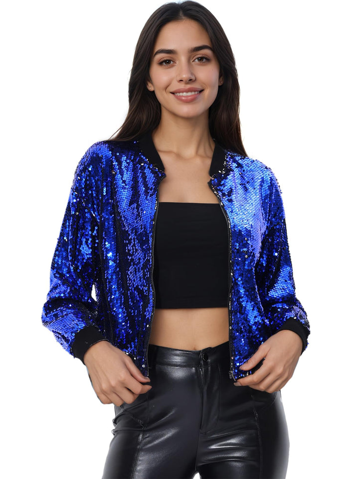 Allegra K Damen Glitzer Jacke Bomberjacke Pailletten Bomber Jacke Langarm Party Club Metallic Sequin