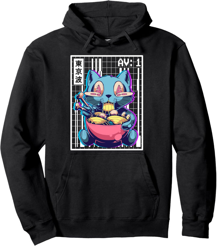 Weirdcore Katzen-Ramen-Gitter Vaporwave Ästhetische Pastell-Goth Pullover Hoodie