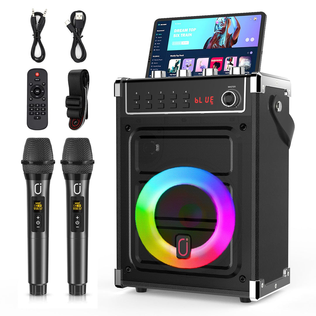 JYX Karaoke Maschine mit 2 UHF-Funkmikrofonen, Bluetooth-Lautsprecher 69 Black