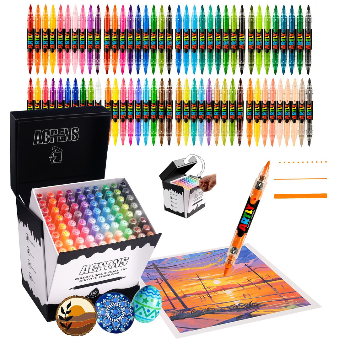 Acrylstifte, 80 Farben, Wasserfest & Schnelltrocknend, 1–6 mm Dual Tip (Feinspitze & Pinselspitze),