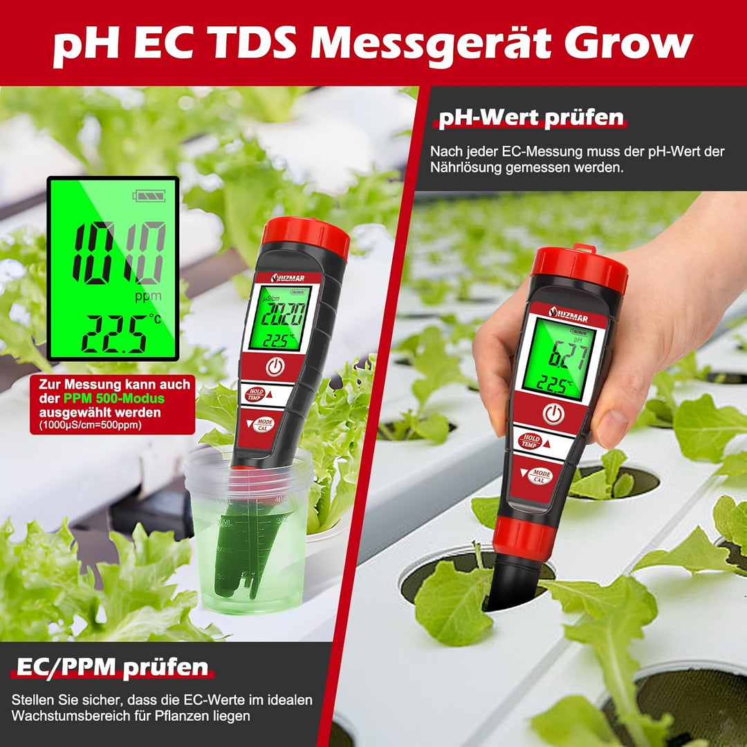 pH Messgerät Wasser, pH EC Messgerät Grow für Hydrokultur, TDS pH Messgerät für Trinkwasser, Pool Wa