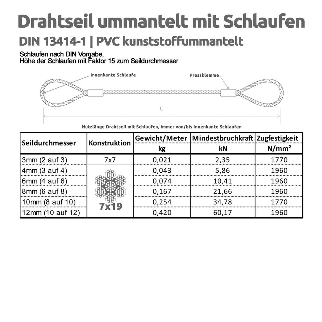 Drahtseile24 Stahlseil ummantelt mit Ösen, Stahlkabel mit Schlaufen, Schlaufenkabel - Diebstahlsiche