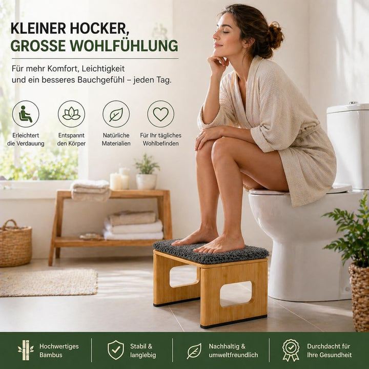 Bambus Toilettenhocker mit Kissen 20 cm hoch – ergonomischer Fusshocker WC aus Holz, rutschfest, bel