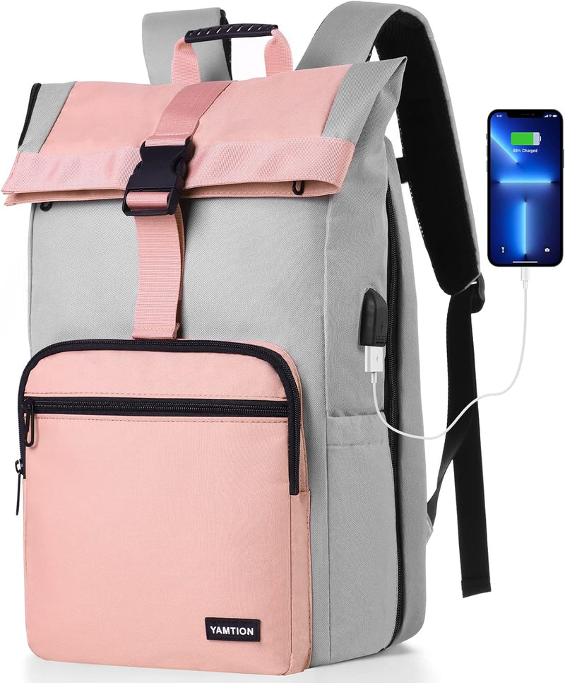 YAMTION Laptop Rucksack Damen 17 Zoll,Rolltop Wanderrucksack Rucksack Frauen Stadtrucksack Daypack M