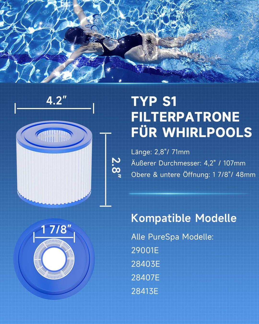 AQUALTRA Filter S1 für Pool, Kompatibel mit PureSpa Hot Tub Filter für 11692 29001E 107 x 71 MM 6 St